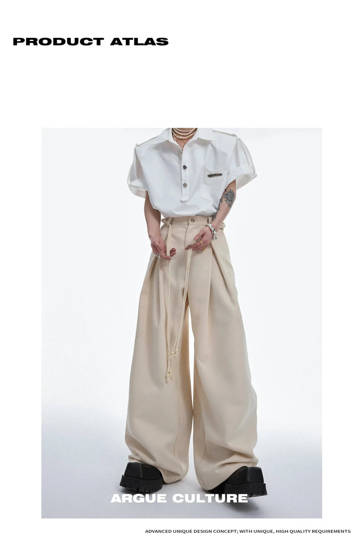 Drawstring Pleated Twill Loose Fit Casual Pants with Deconstructed Design - ArguE CulturE