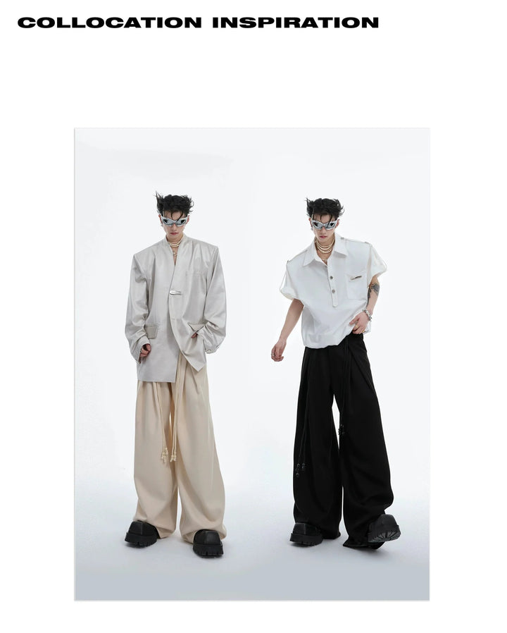 Drawstring Pleated Twill Loose Fit Casual Pants with Deconstructed Design - ArguE CulturE