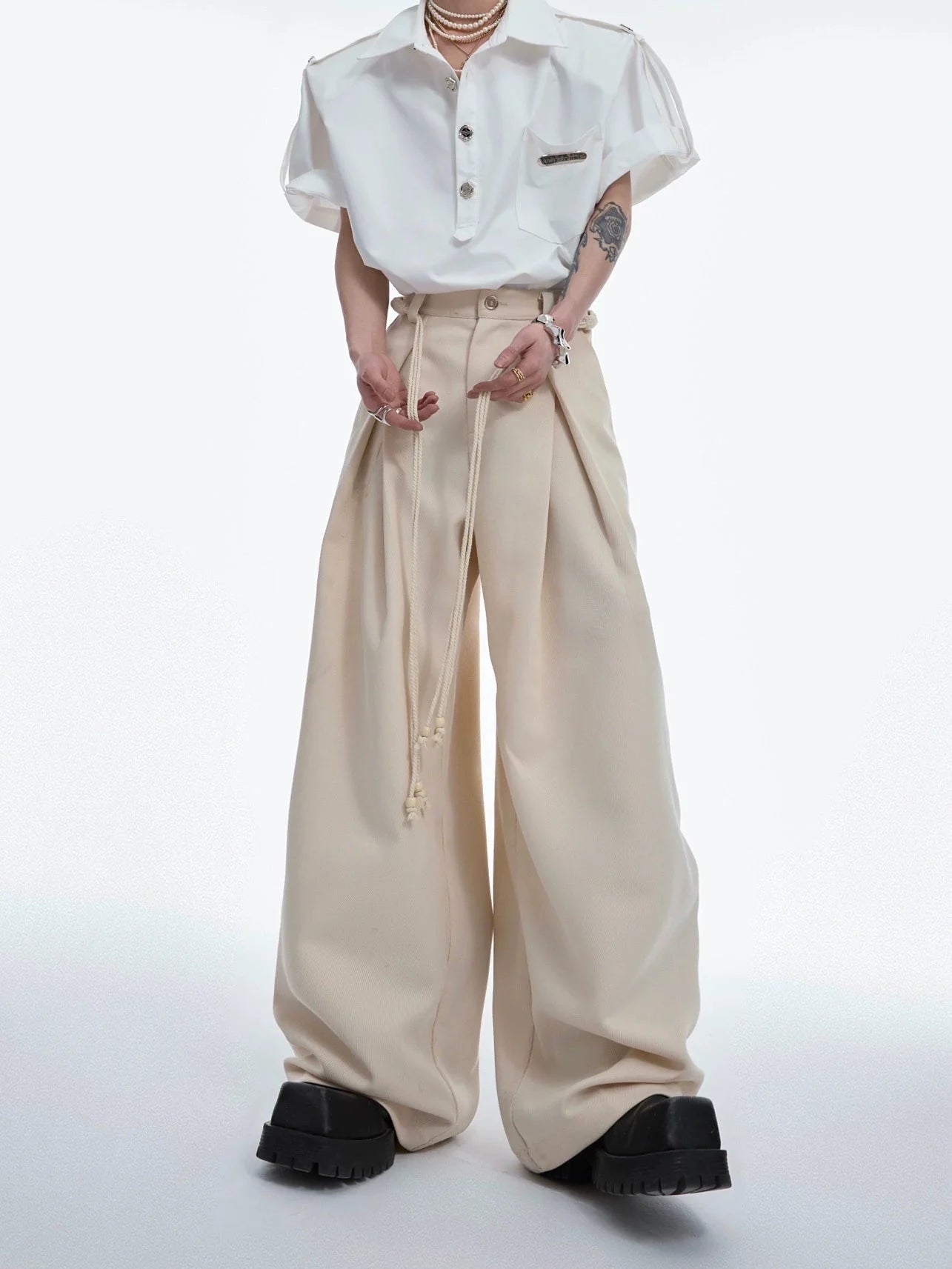 Drawstring Pleated Twill Loose Fit Casual Pants with Deconstructed Design - ArguE CulturE