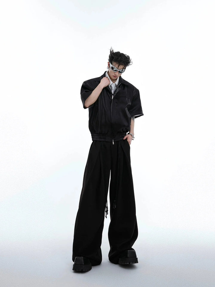 Drawstring Pleated Twill Loose Fit Casual Pants with Deconstructed Design - ArguE CulturE