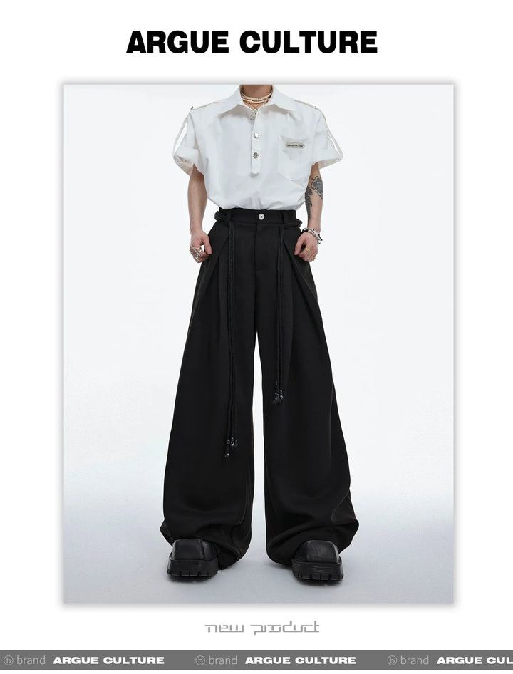 Drawstring Pleated Twill Loose Fit Casual Pants with Deconstructed Design - ArguE CulturE