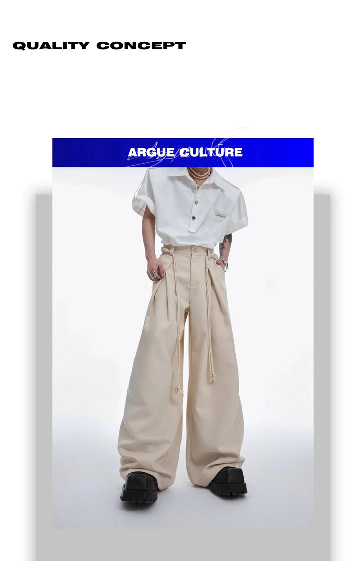 Drawstring Pleated Twill Loose Fit Casual Pants with Deconstructed Design - ArguE CulturE