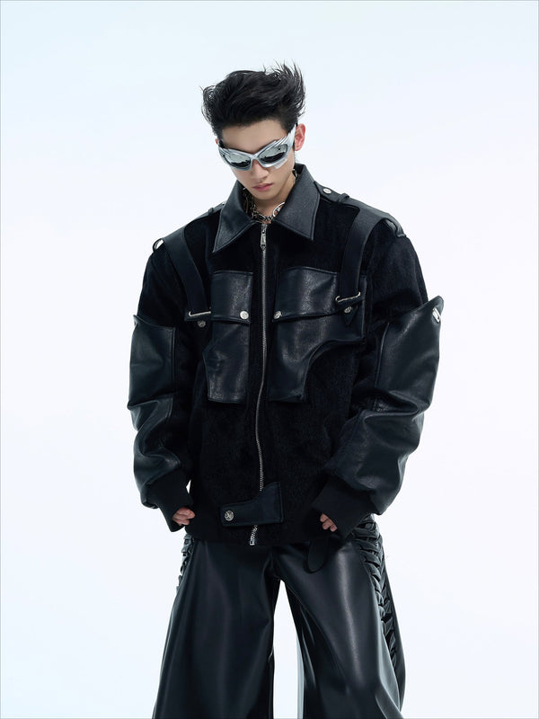 Dual-Fabric Deconstructed PU Leather & Plush Short Bomber Jacket - ArgueCulture