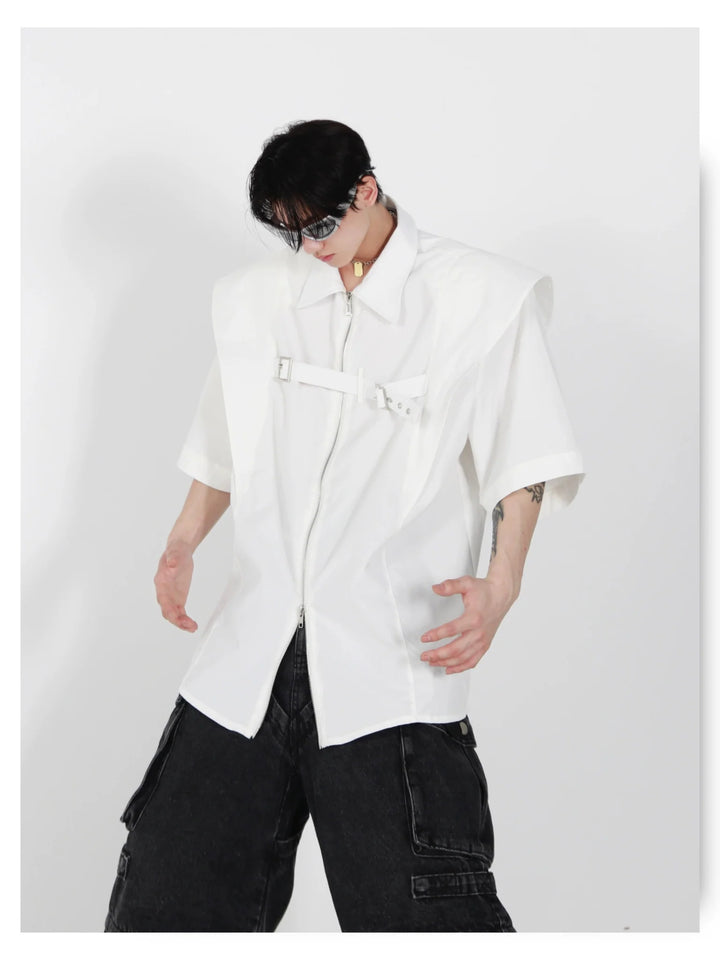 Edgy 2 - in - 1 Padded Shoulder Short - Sleeve Shirt with Zipper & Tie Design - ArguE CulturE