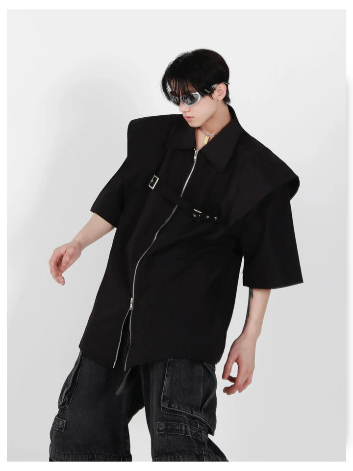 Edgy 2 - in - 1 Padded Shoulder Short - Sleeve Shirt with Zipper & Tie Design - ArguE CulturE