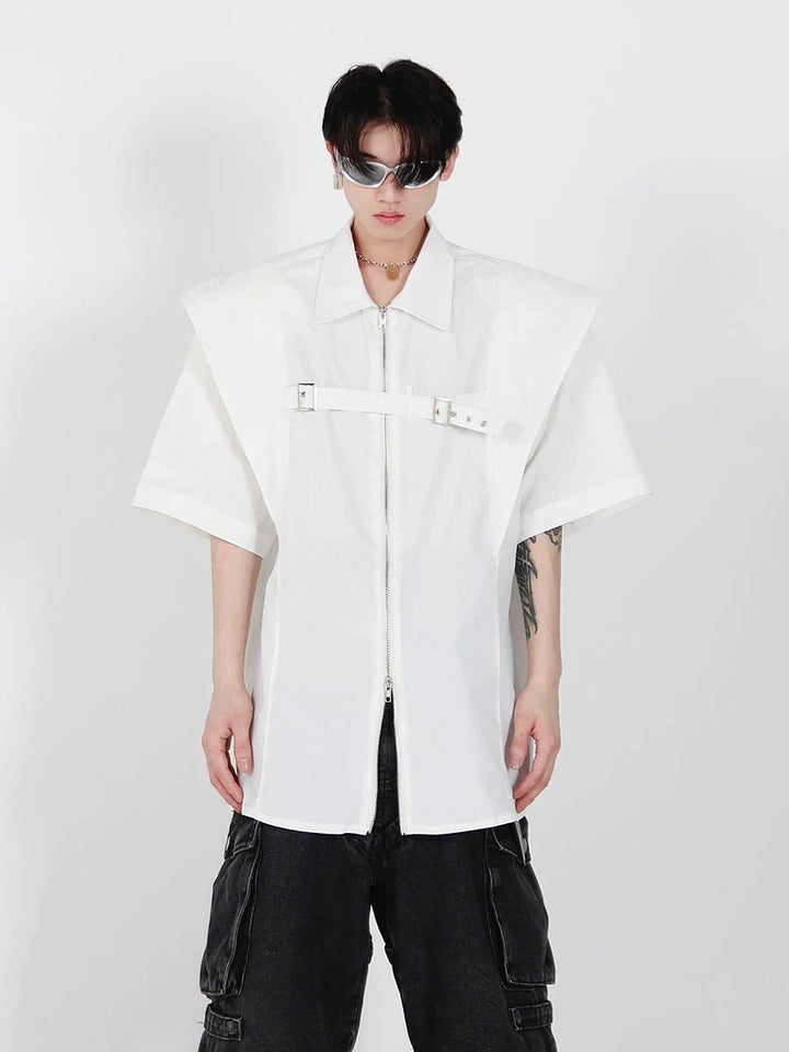 Edgy 2 - in - 1 Padded Shoulder Short - Sleeve Shirt with Zipper & Tie Design - ArguE CulturE