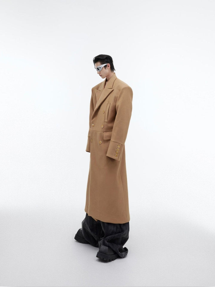 Edgy Structured Shoulder Woolen Overcoat | Minimalist Longline Trench - ArguE CulturE