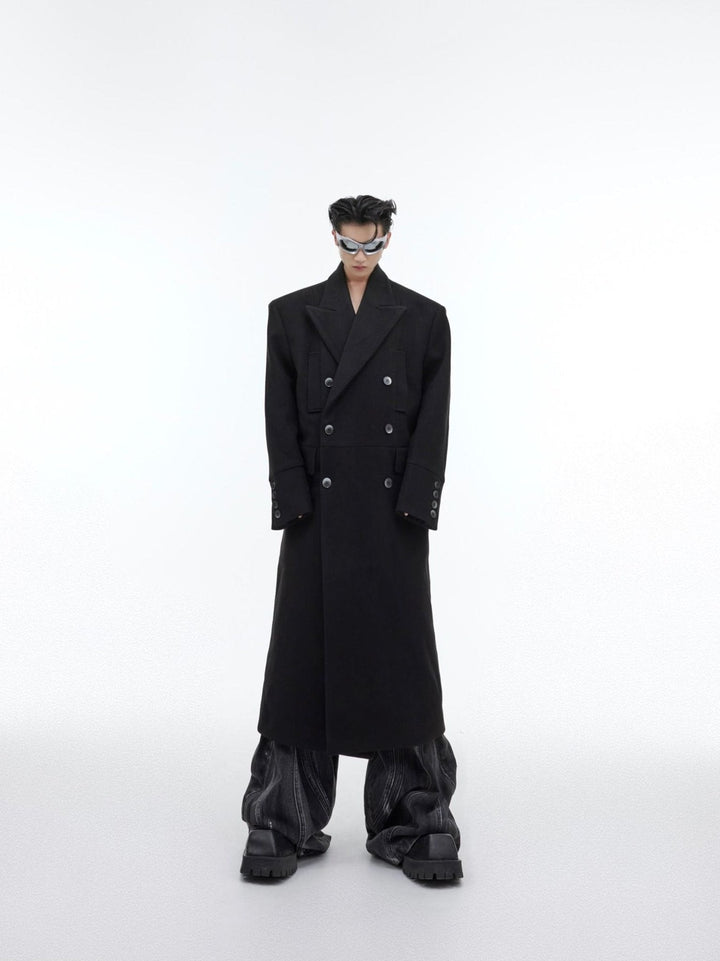 Edgy Structured Shoulder Woolen Overcoat | Minimalist Longline Trench - ArguE CulturE