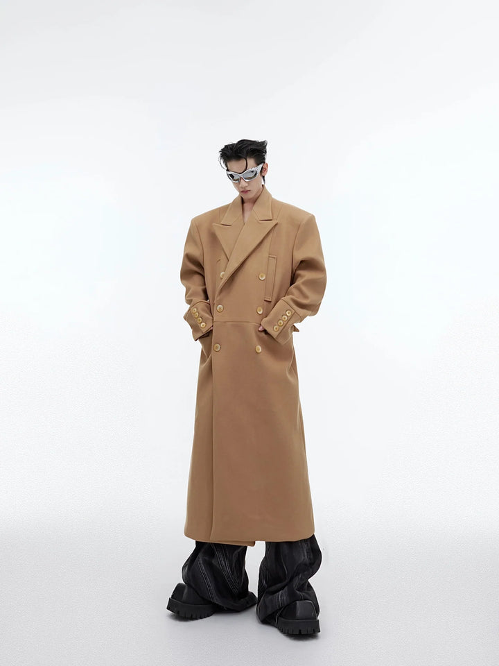 Edgy Structured Shoulder Woolen Overcoat | Minimalist Longline Trench - ArguE CulturE