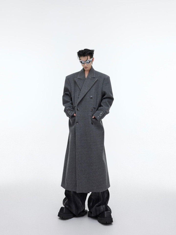 Edgy Structured Shoulder Woolen Overcoat | Minimalist Longline Trench - ArguE CulturE