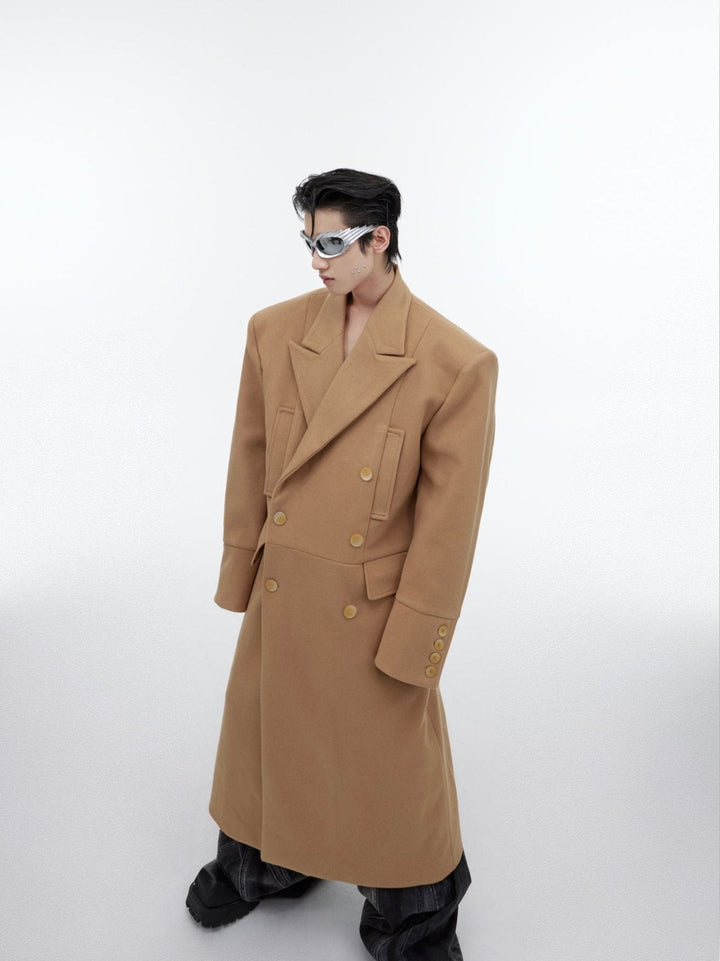 Edgy Structured Shoulder Woolen Overcoat | Minimalist Longline Trench - ArguE CulturE