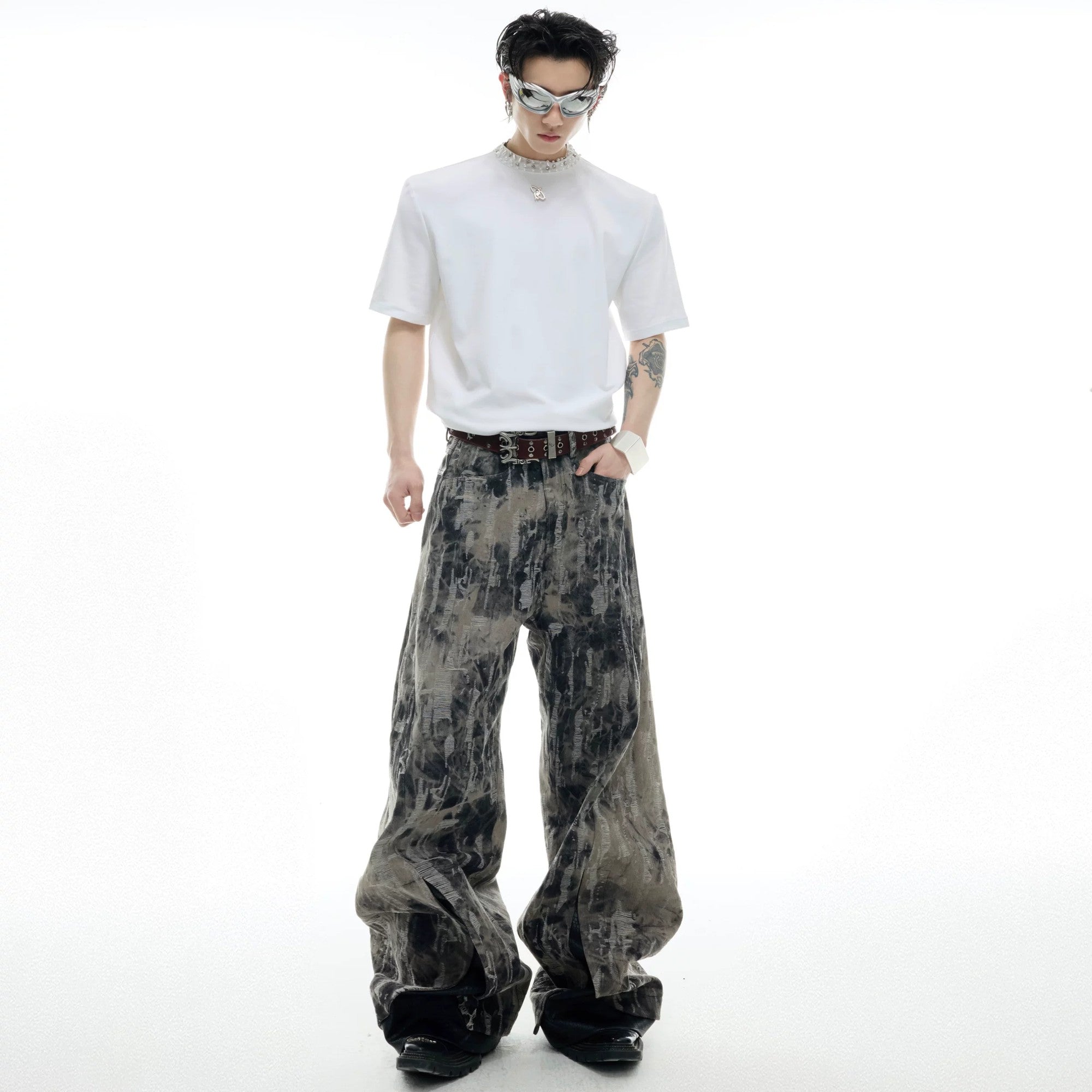 Intricate pearl and rhinestone collar detail on streetwear tee