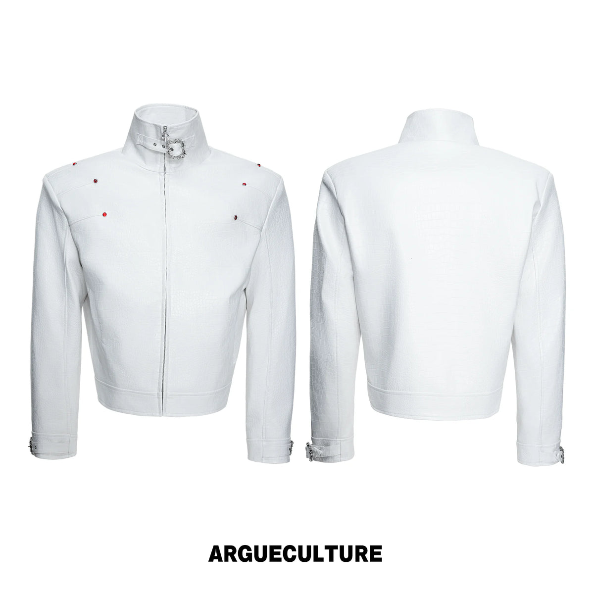 Embossed Croc Faux Leather Cropped Jacket | Stand Collar - White