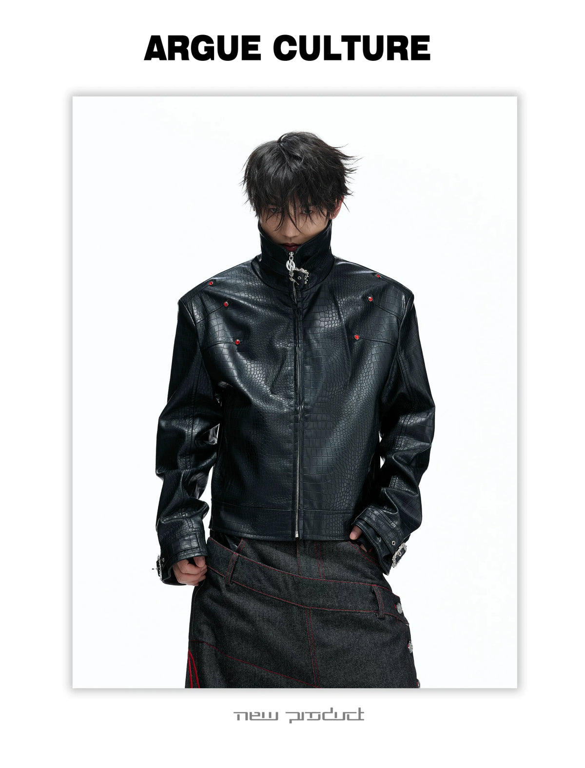 Embossed Croc Faux Leather Cropped Jacket | Stand Collar - detail image 16