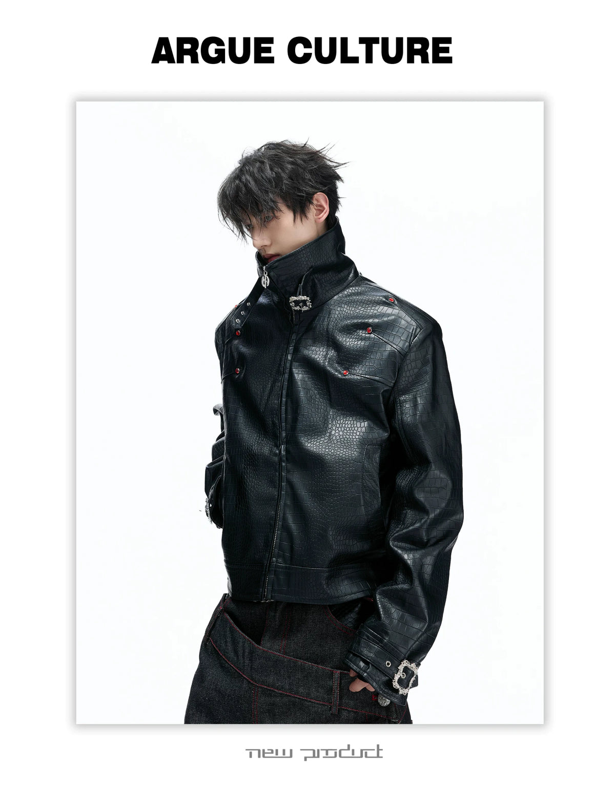 Embossed Croc Faux Leather Cropped Jacket | Stand Collar - detail image 12