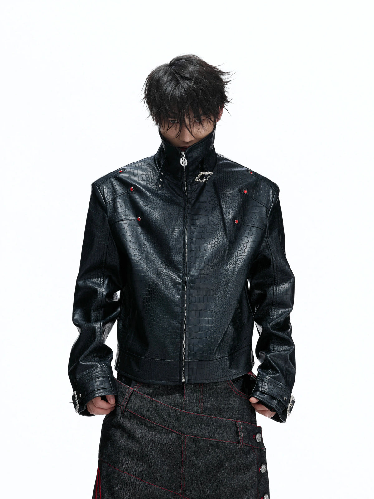 Embossed Croc Faux Leather Cropped Jacket | Stand Collar - main image 1