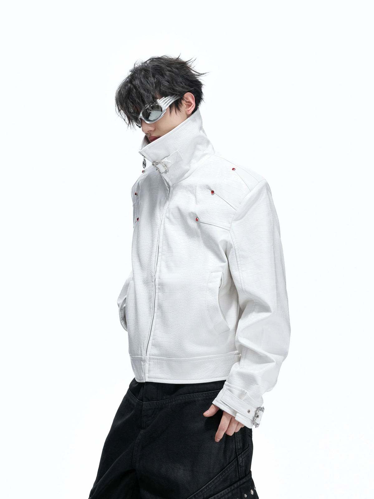 Embossed Croc Faux Leather Cropped Jacket | Stand Collar - main image 5