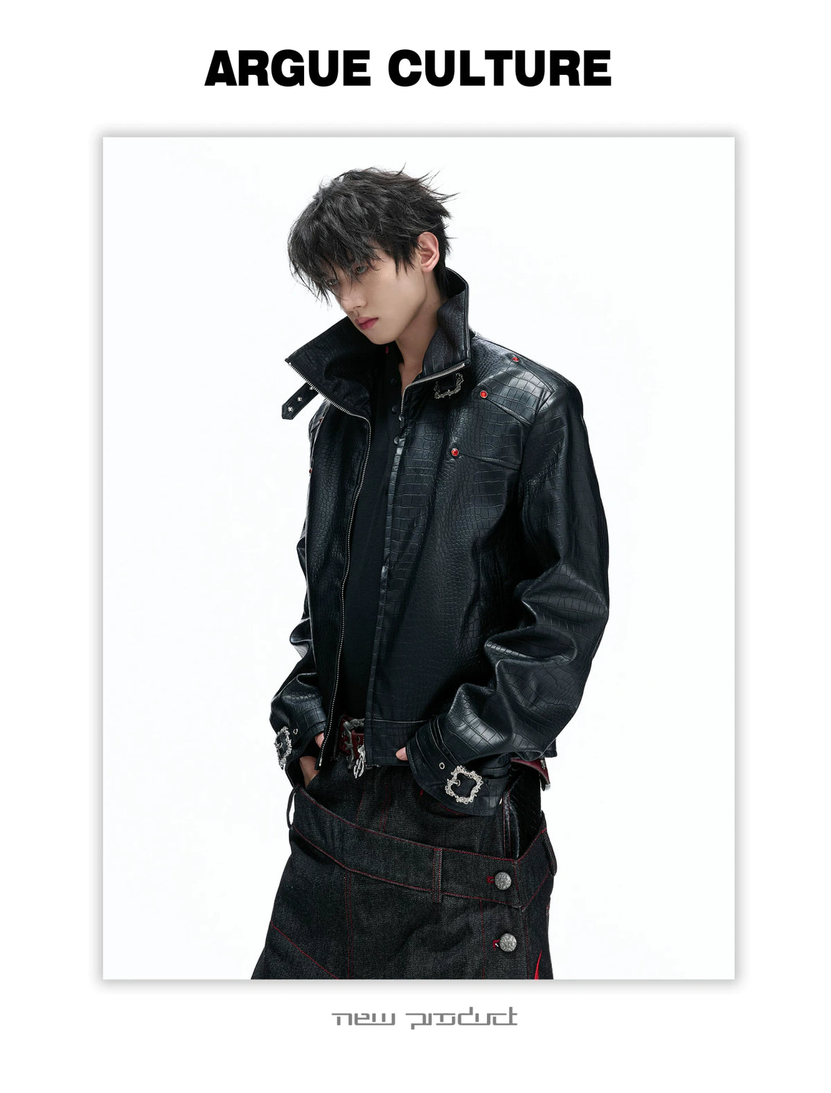 Embossed Croc Faux Leather Cropped Jacket | Stand Collar - detail image 17