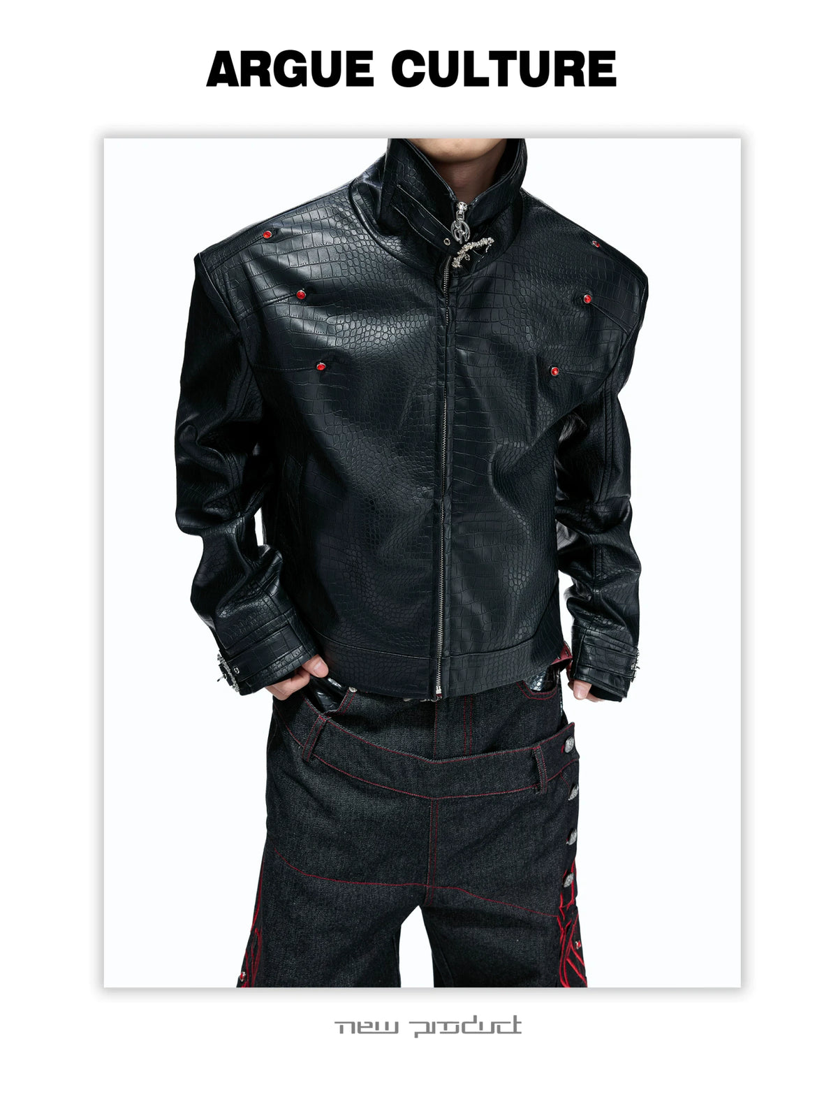 Embossed Croc Faux Leather Cropped Jacket | Stand Collar - detail image 15