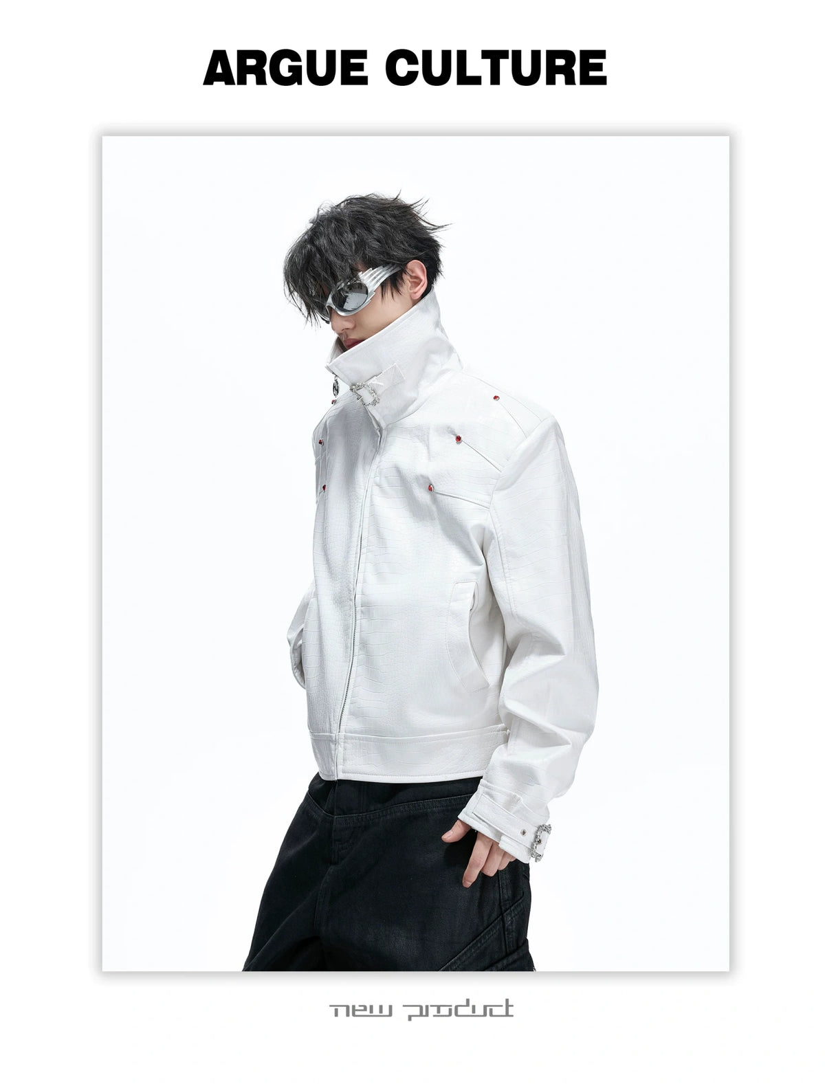 Embossed Croc Faux Leather Cropped Jacket | Stand Collar - detail image 14
