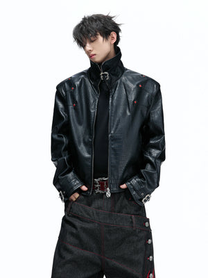 Embossed Croc Faux Leather Cropped Jacket | Stand Collar - main image 4