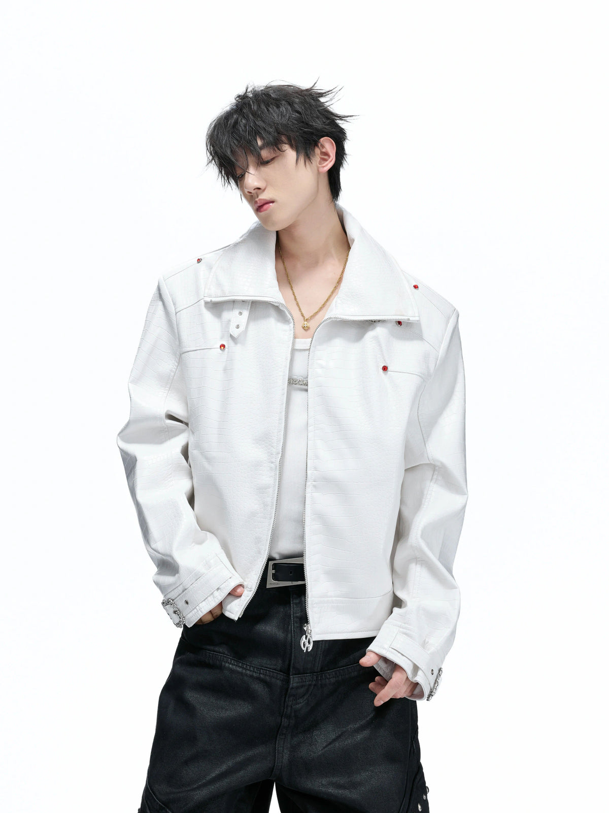 Embossed Croc Faux Leather Cropped Jacket | Stand Collar - main image 2