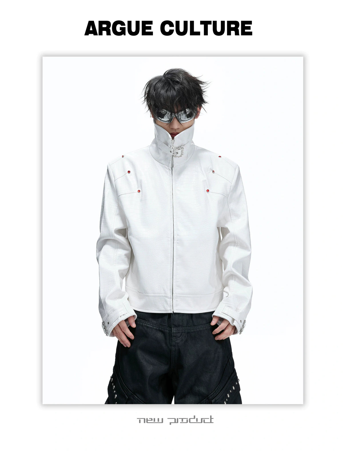 Embossed Croc Faux Leather Cropped Jacket | Stand Collar - detail image 11