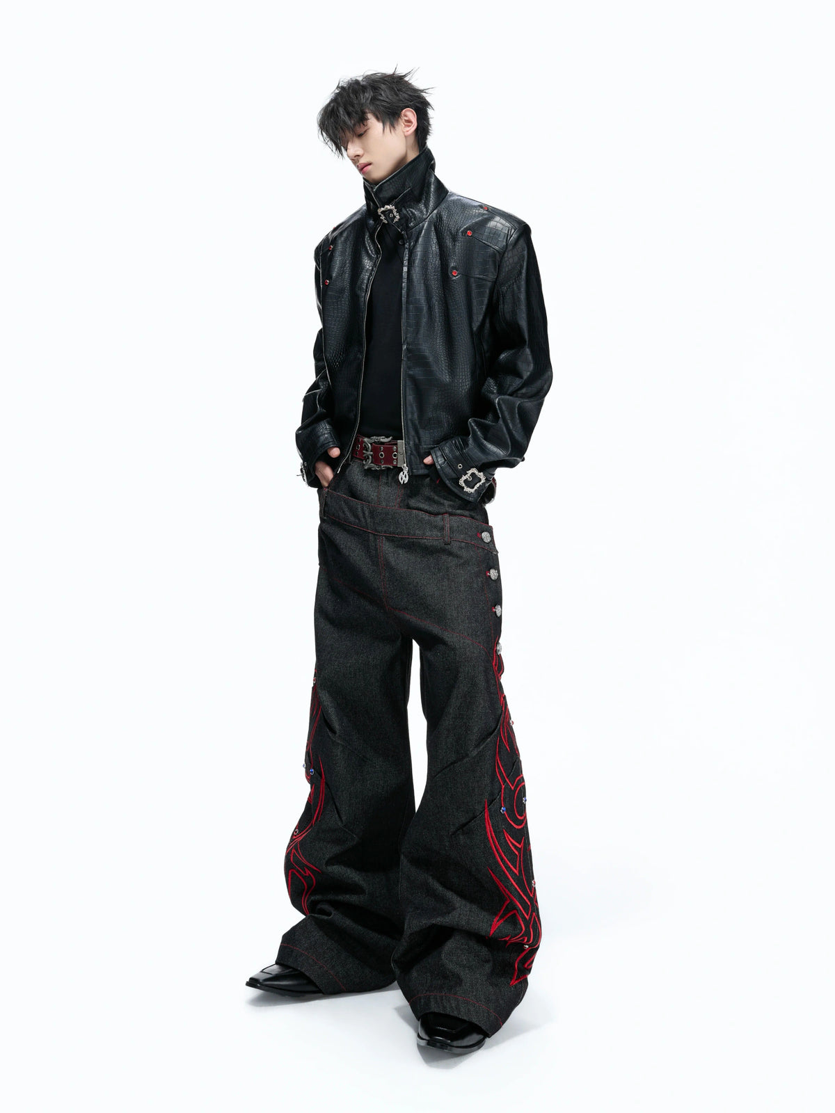 Embossed Croc Faux Leather Cropped Jacket | Stand Collar - main image 3
