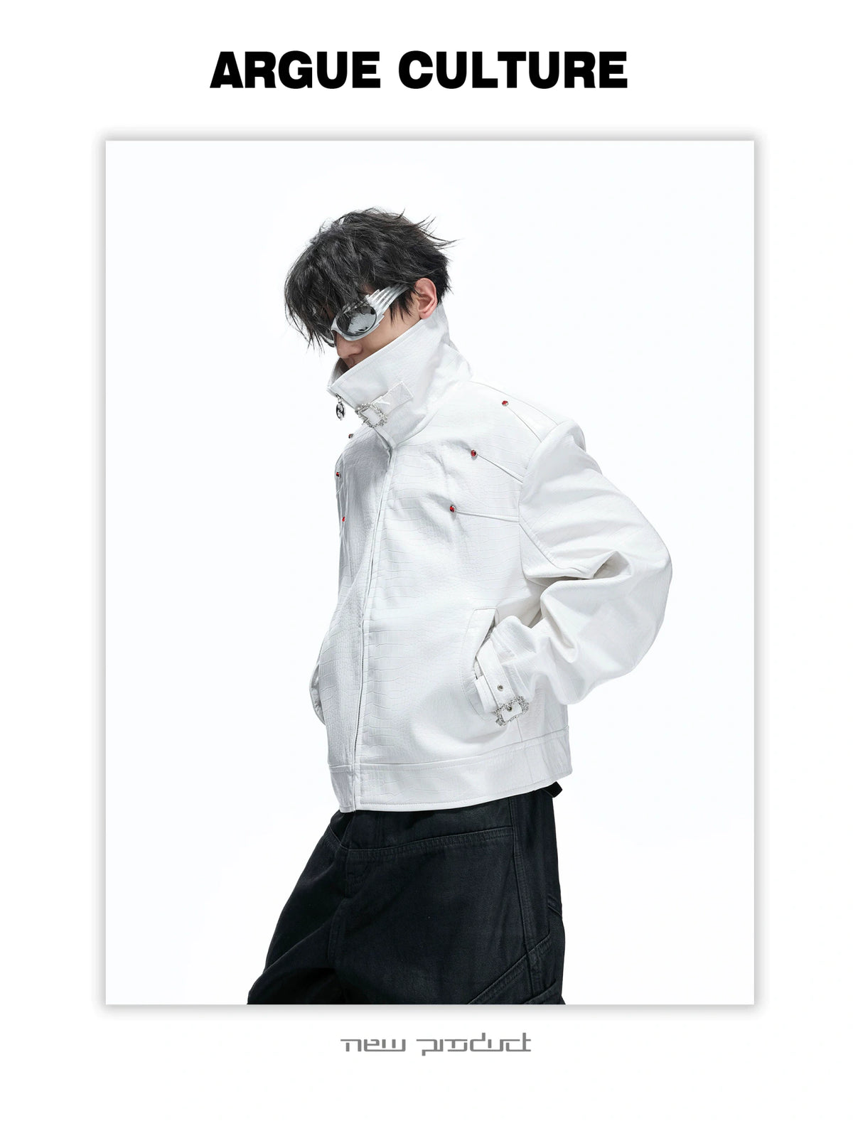 Embossed Croc Faux Leather Cropped Jacket | Stand Collar - detail image 8