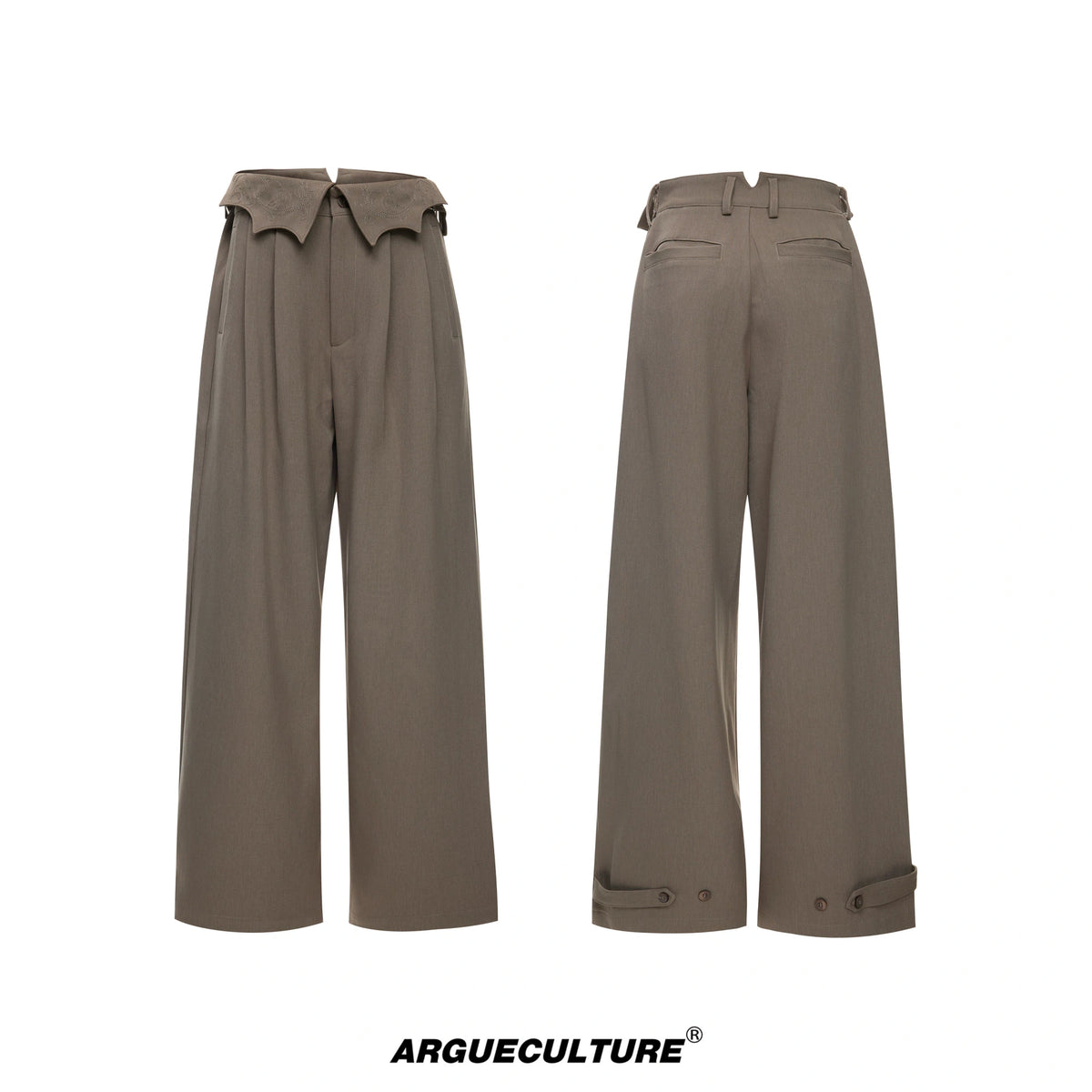 Embroidered Asymmetric Waist Wide-Leg Trousers - Khaki