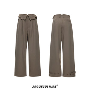 Embroidered Asymmetric Waist Wide-Leg Trousers - Khaki
