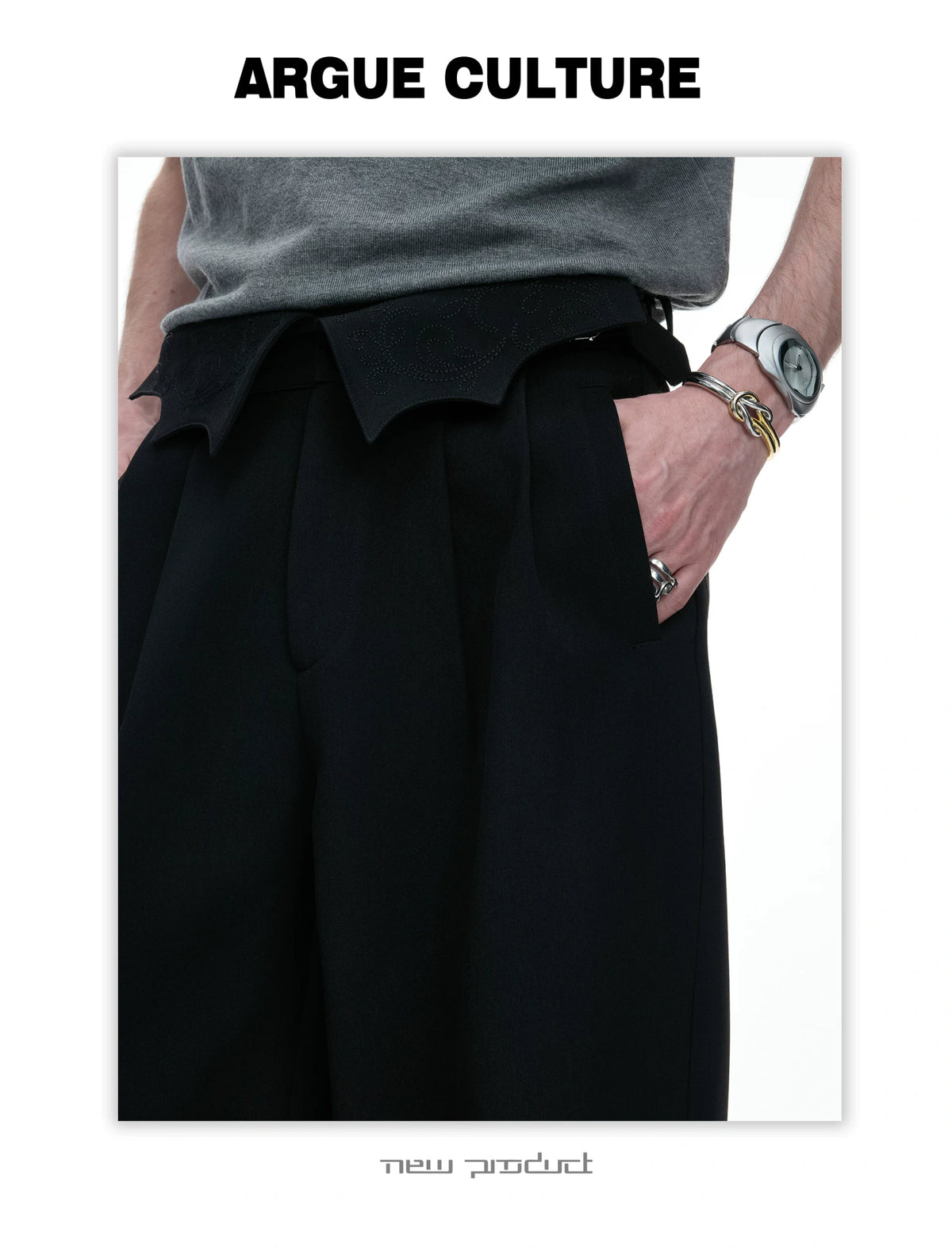 Embroidered Asymmetric Waist Wide-Leg Trousers - detail image 16