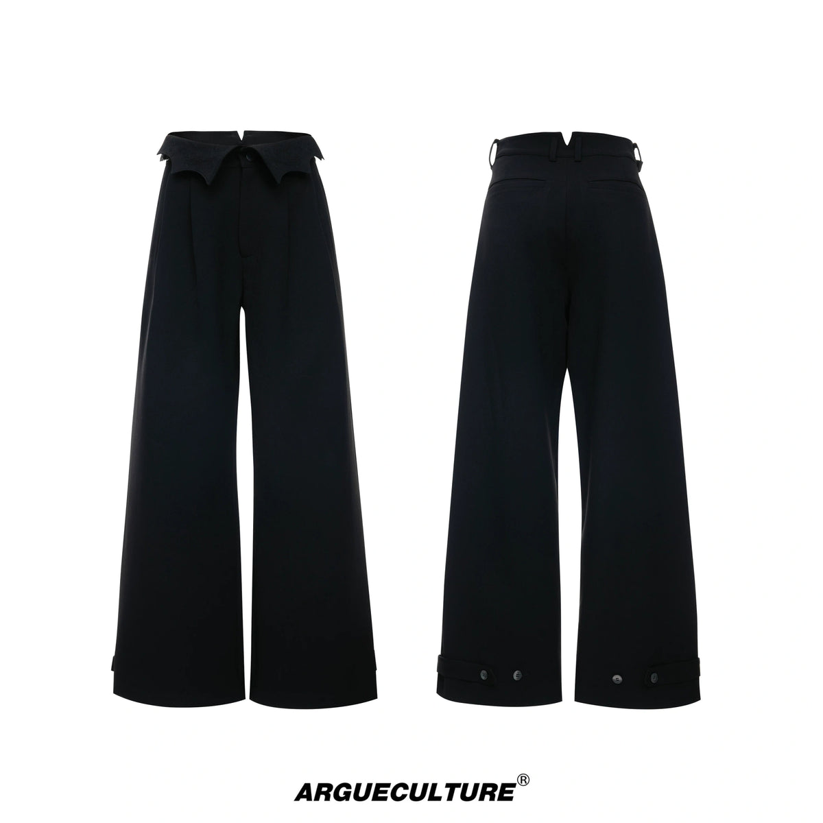 Embroidered Asymmetric Waist Wide-Leg Trousers - Black