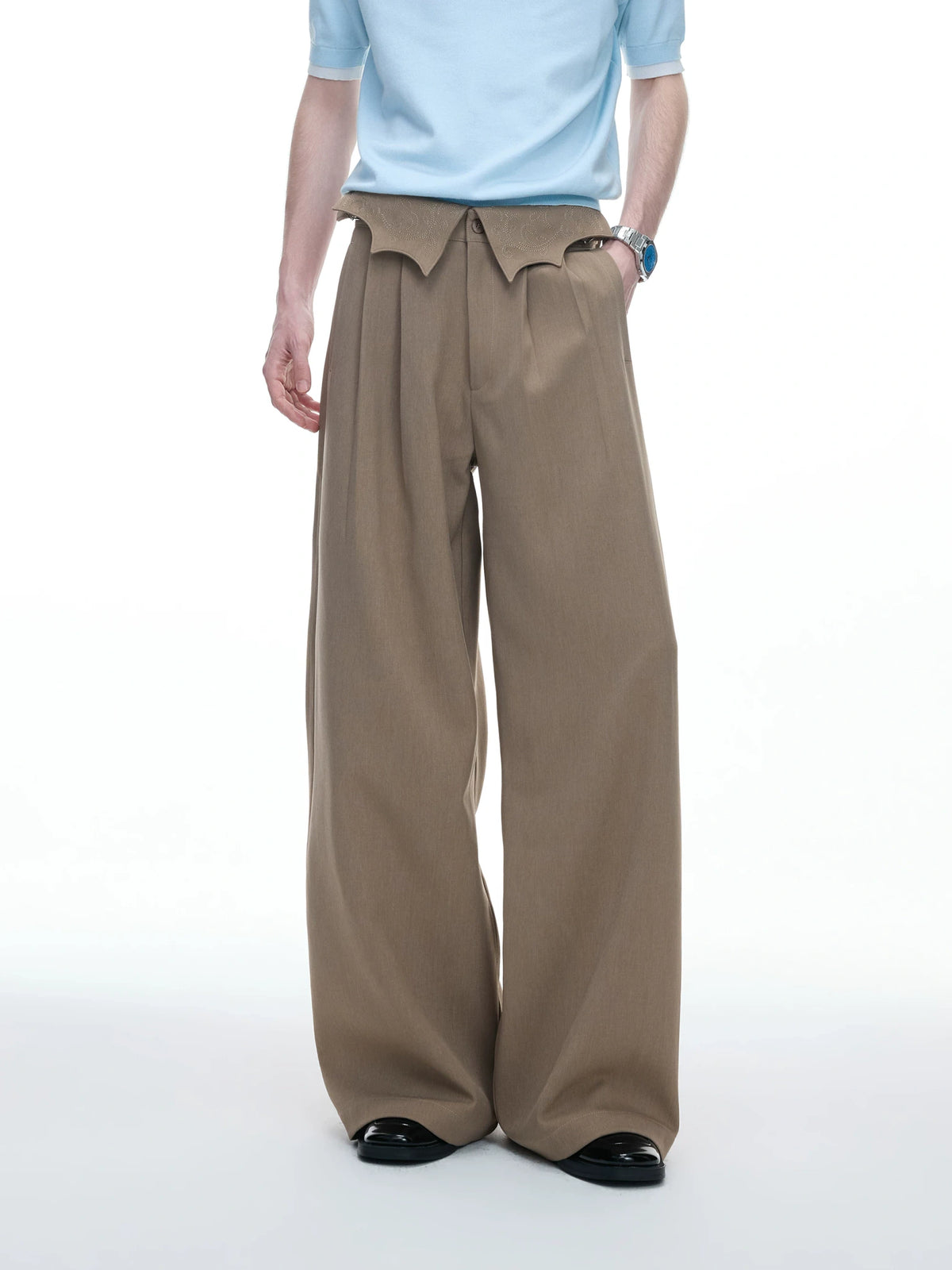 Embroidered Asymmetric Waist Wide-Leg Trousers - main image 1