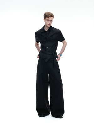 Embroidered Asymmetric Waist Wide-Leg Trousers - main image 4