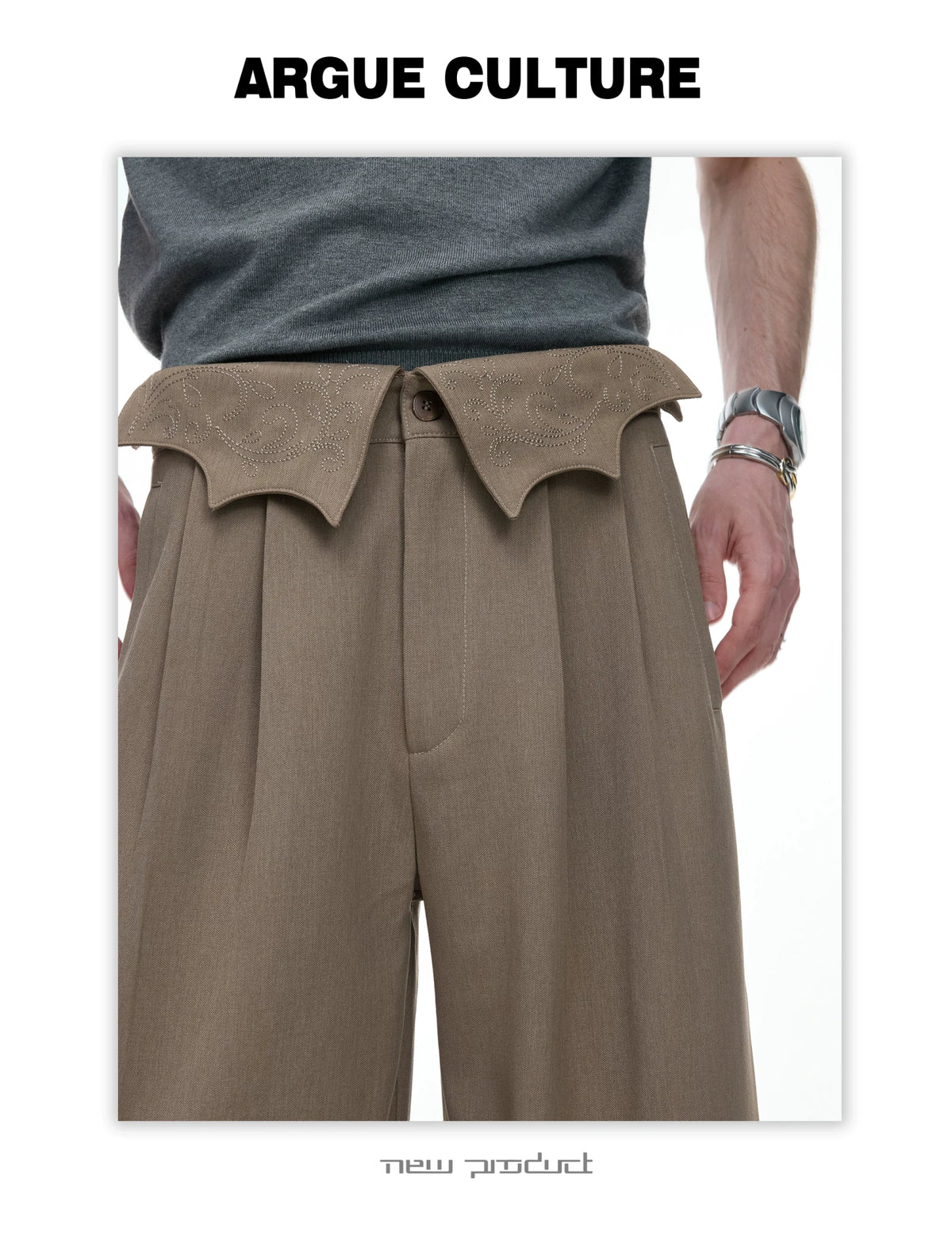 Embroidered Asymmetric Waist Wide-Leg Trousers - detail image 7