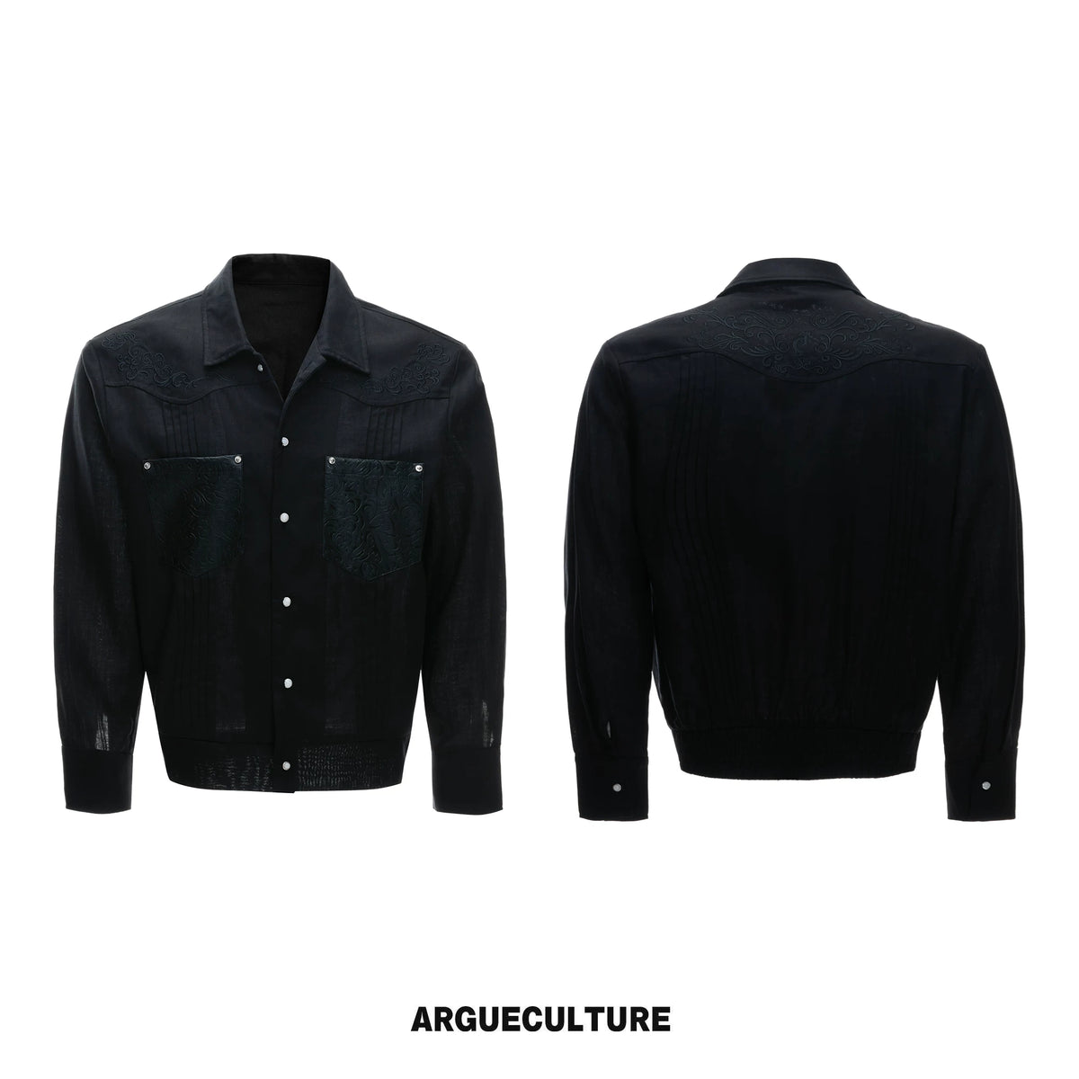 Embroidered Lyocell Linen Relaxed Shirt & Pants Set - Black Top