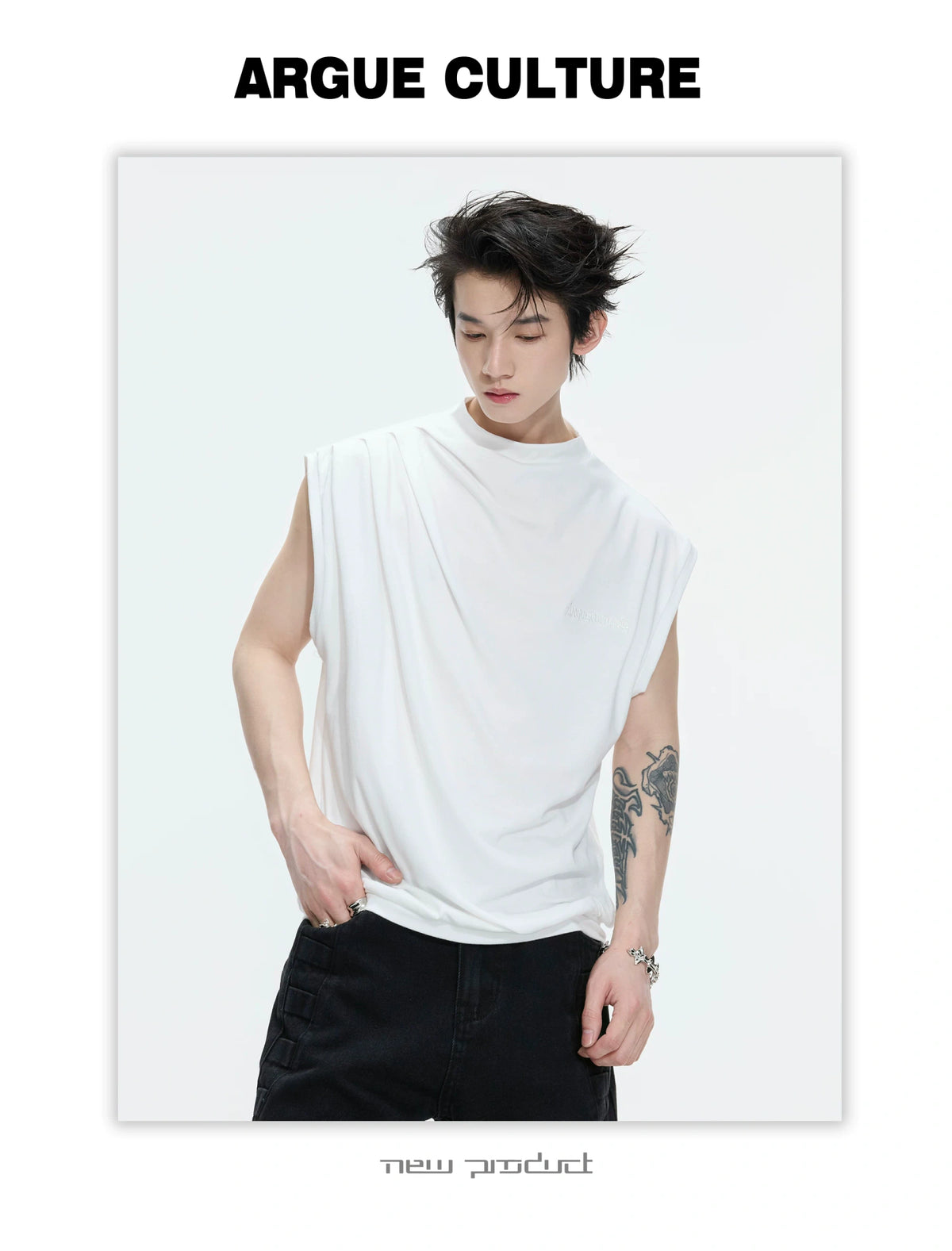 Embroidered Stretch Cotton Tank Top in Black, White & Gray - detail image 7