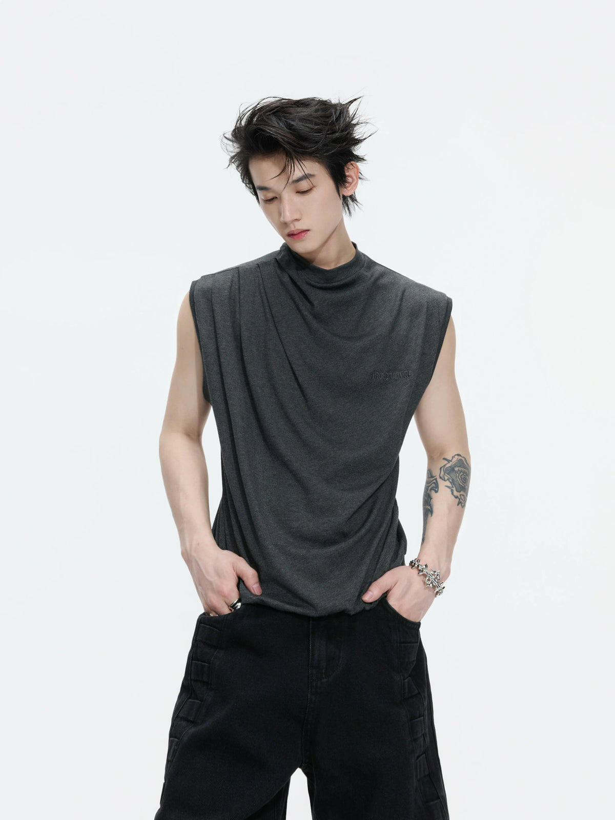 Embroidered Stretch Cotton Tank Top in Black, White & Gray - main image 1