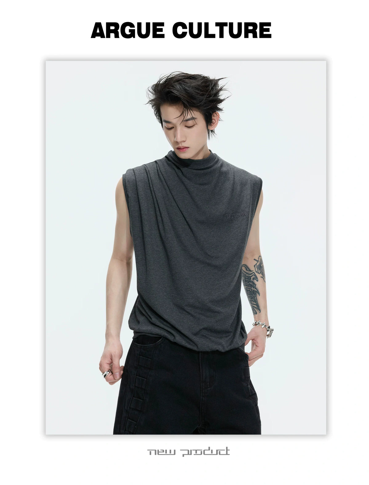 Embroidered Stretch Cotton Tank Top in Black, White & Gray - detail image 12