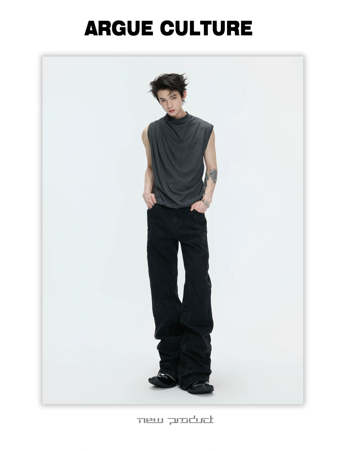 Embroidered Stretch Cotton Tank Top in Black, White & Gray - detail image 9