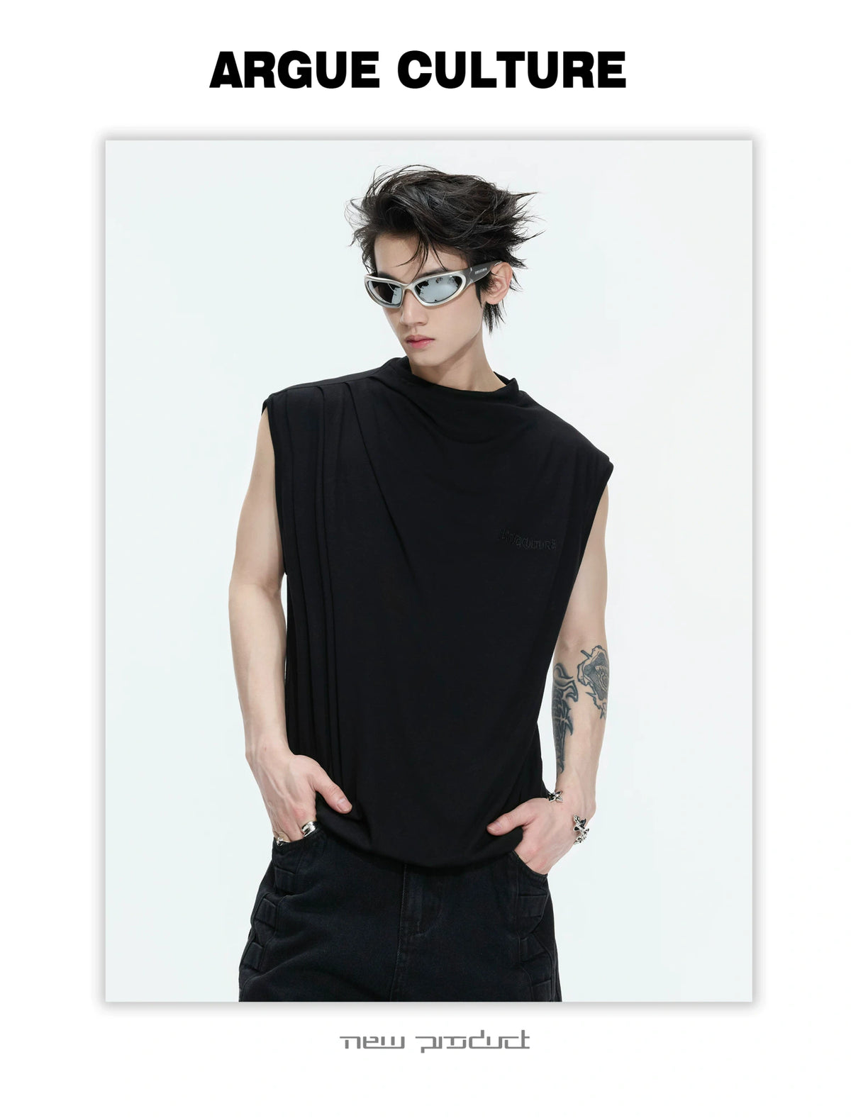 Embroidered Stretch Cotton Tank Top in Black, White & Gray - detail image 4