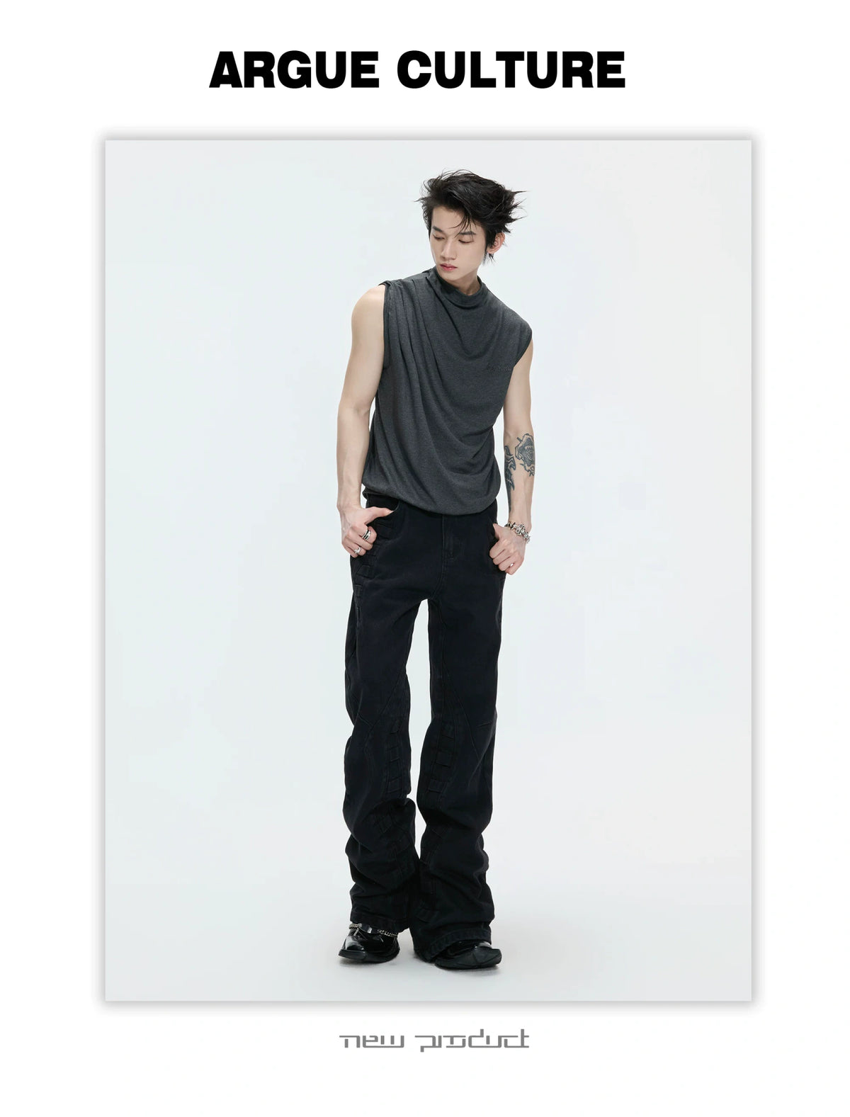 Embroidered Stretch Cotton Tank Top in Black, White & Gray - detail image 10