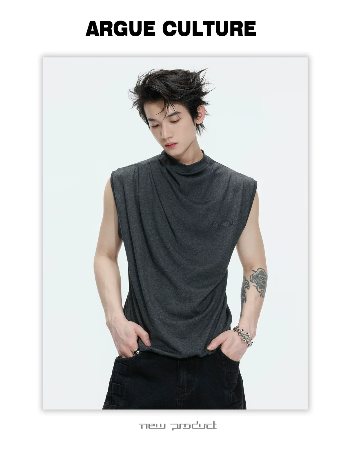 Embroidered Stretch Cotton Tank Top in Black, White & Gray - detail image 13