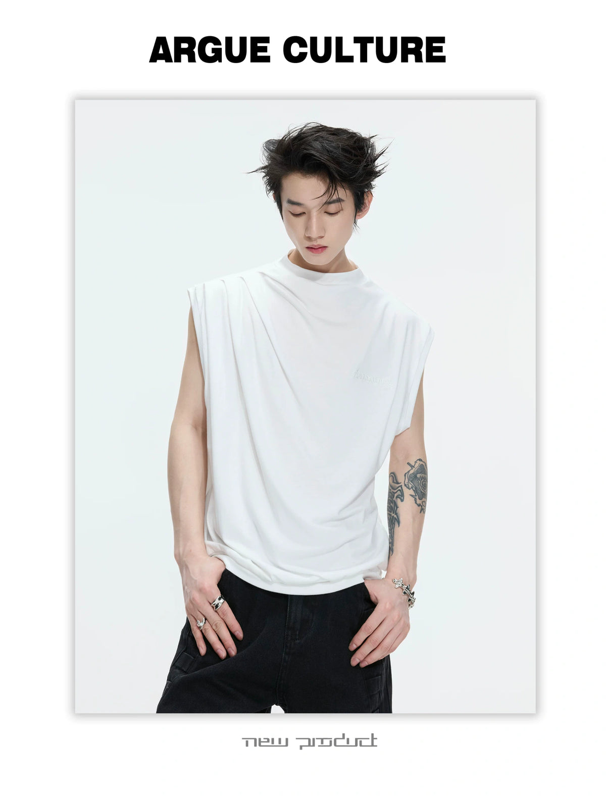 Embroidered Stretch Cotton Tank Top in Black, White & Gray - detail image 6