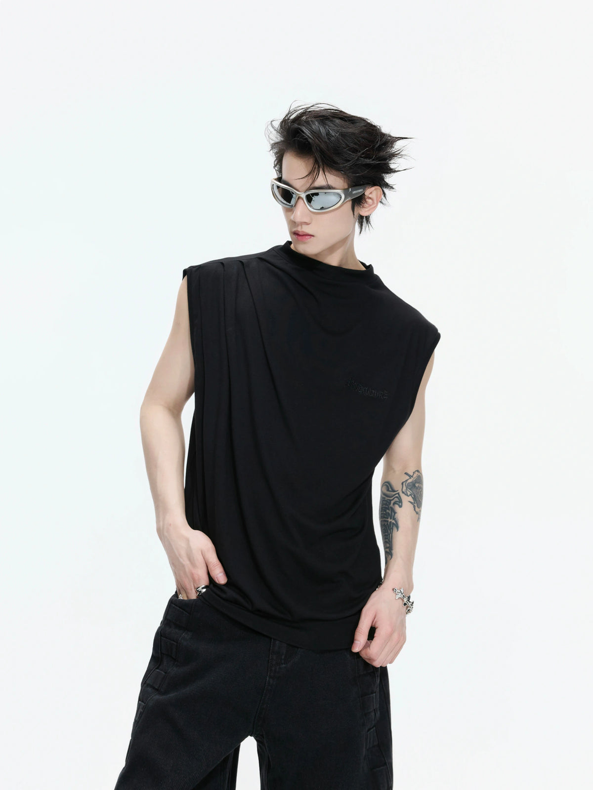 Embroidered Stretch Cotton Tank Top in Black, White & Gray - main image 2