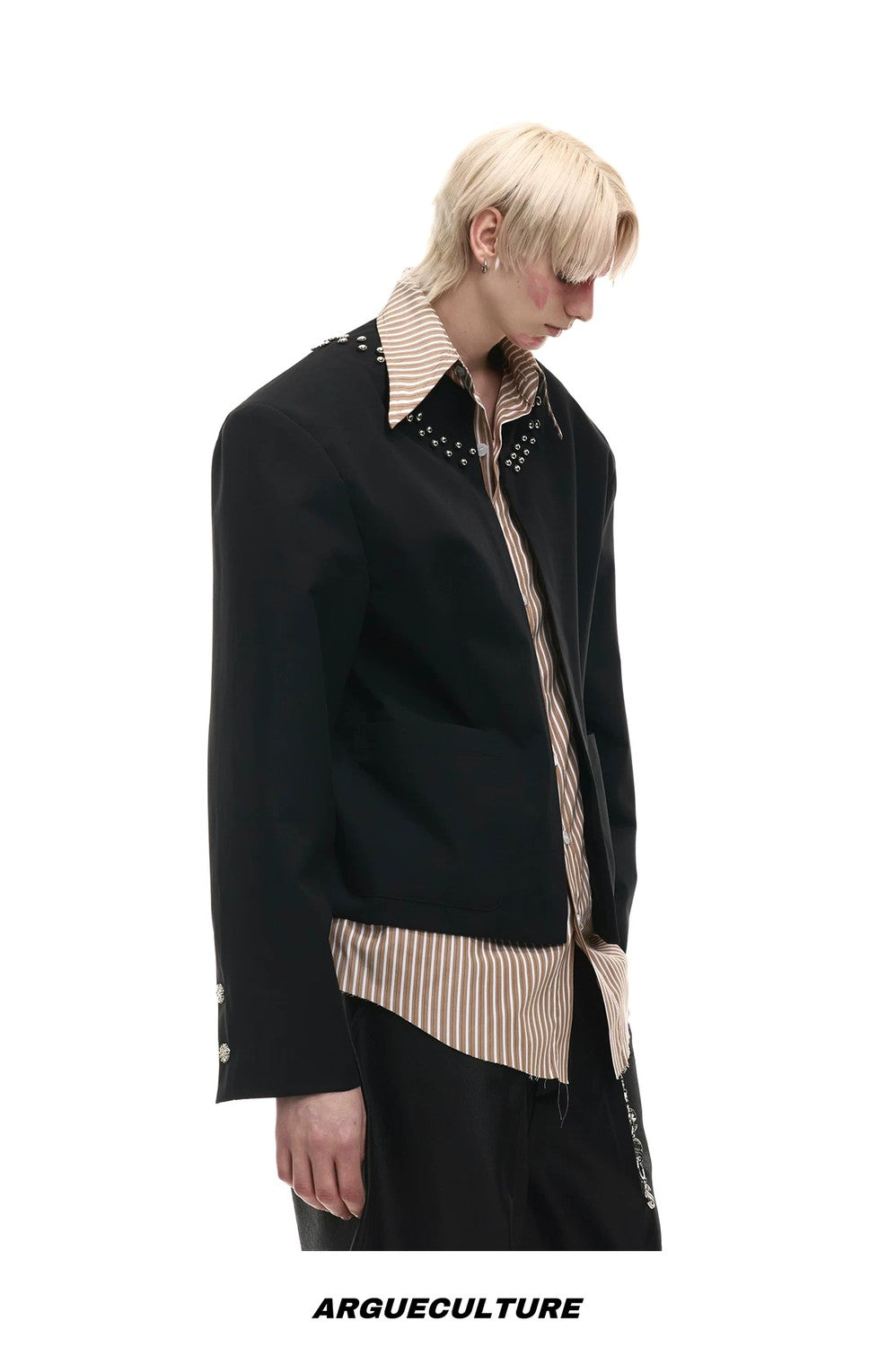 desc::fake-two-piece-striped-patchwork-shirt-studded-urban-jacket-detail-img-13