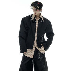 Front view of white fake two-piece striped patchwork shirt with studs