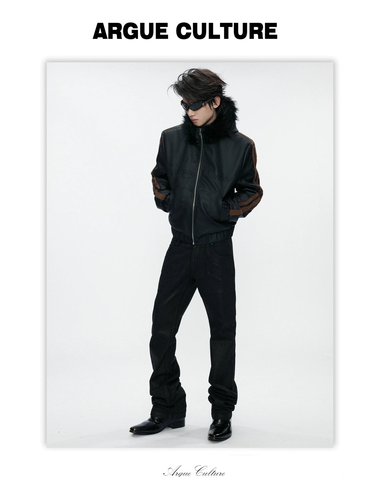 Faux Fur Hooded Leopard Sleeve Faux Leather Jacket - detail image 6