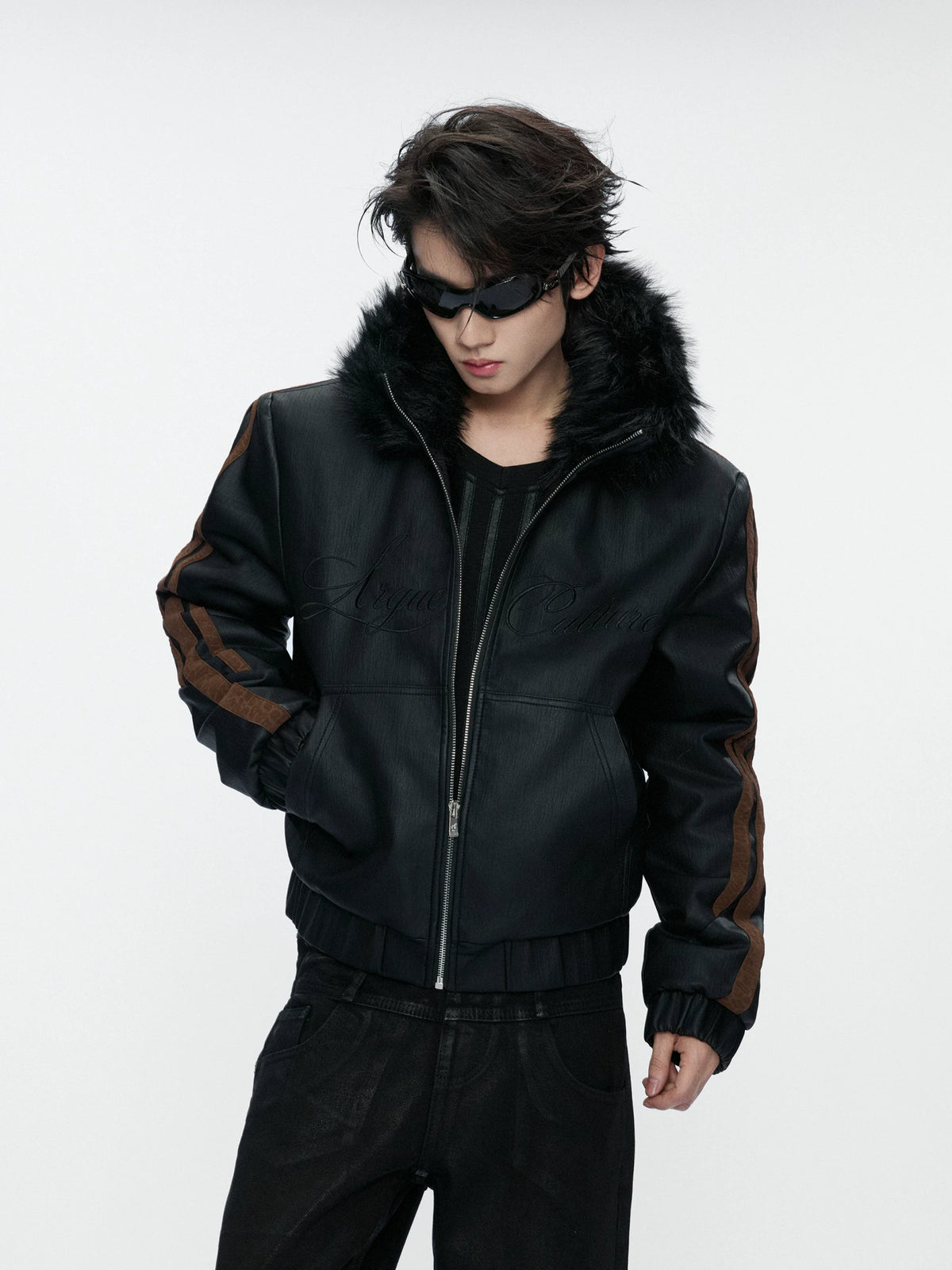 Faux Fur Hooded Leopard Sleeve Faux Leather Jacket - main image 3